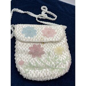 Vintage Mister Ernest Hong Kong Ivory  Beaded  Purse Handbag Flowers